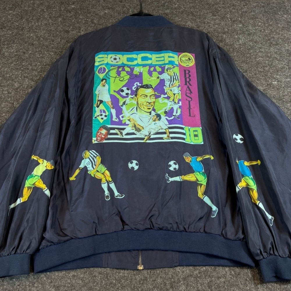 VTG 90s Pele Soccer Jacket Mens L Blue Silk Graphic Brasil World Cup Football